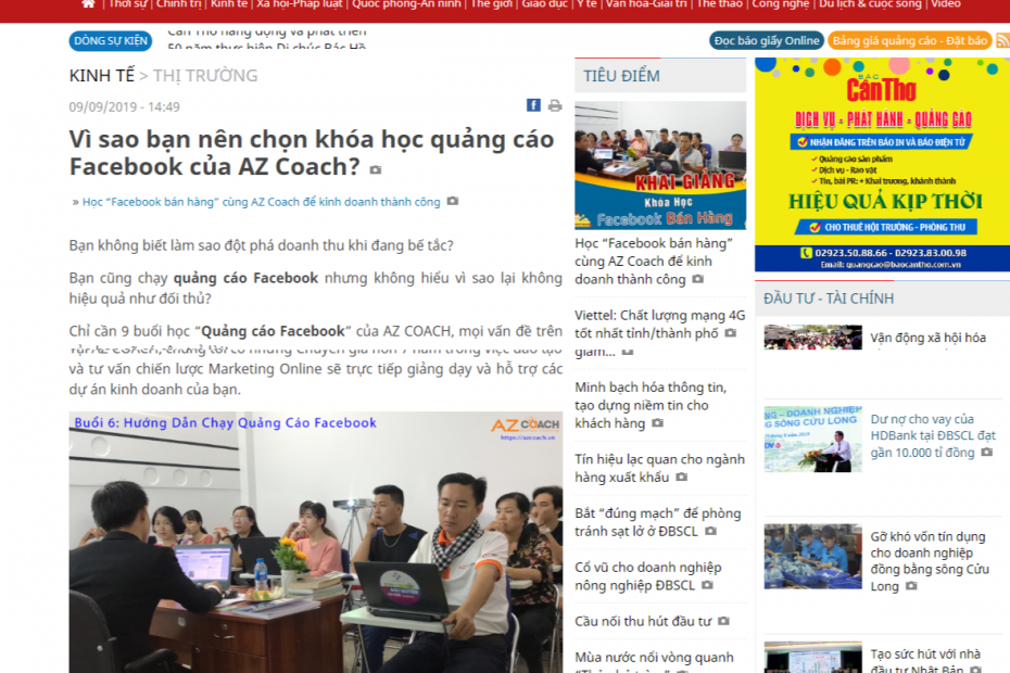 Báo Cần Thơ Online nói gì về khóa học QUẢNG CÁO Facebook của AZ COACH